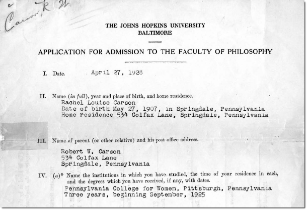 Rachel Carson application to Johns Hopkins University / Ferdinand Hamburger Archives, Johns Hopkins University
