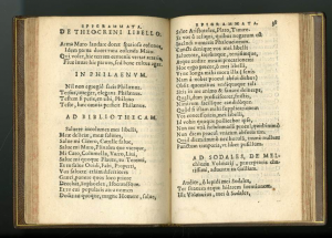 The poem Ad Bibliothecam, To My Library, from Beza’s collection, Poemata Iuvenalia, ca. 1549. The George Peabody Library, The Sheridan Libraries, Johns Hopkins University